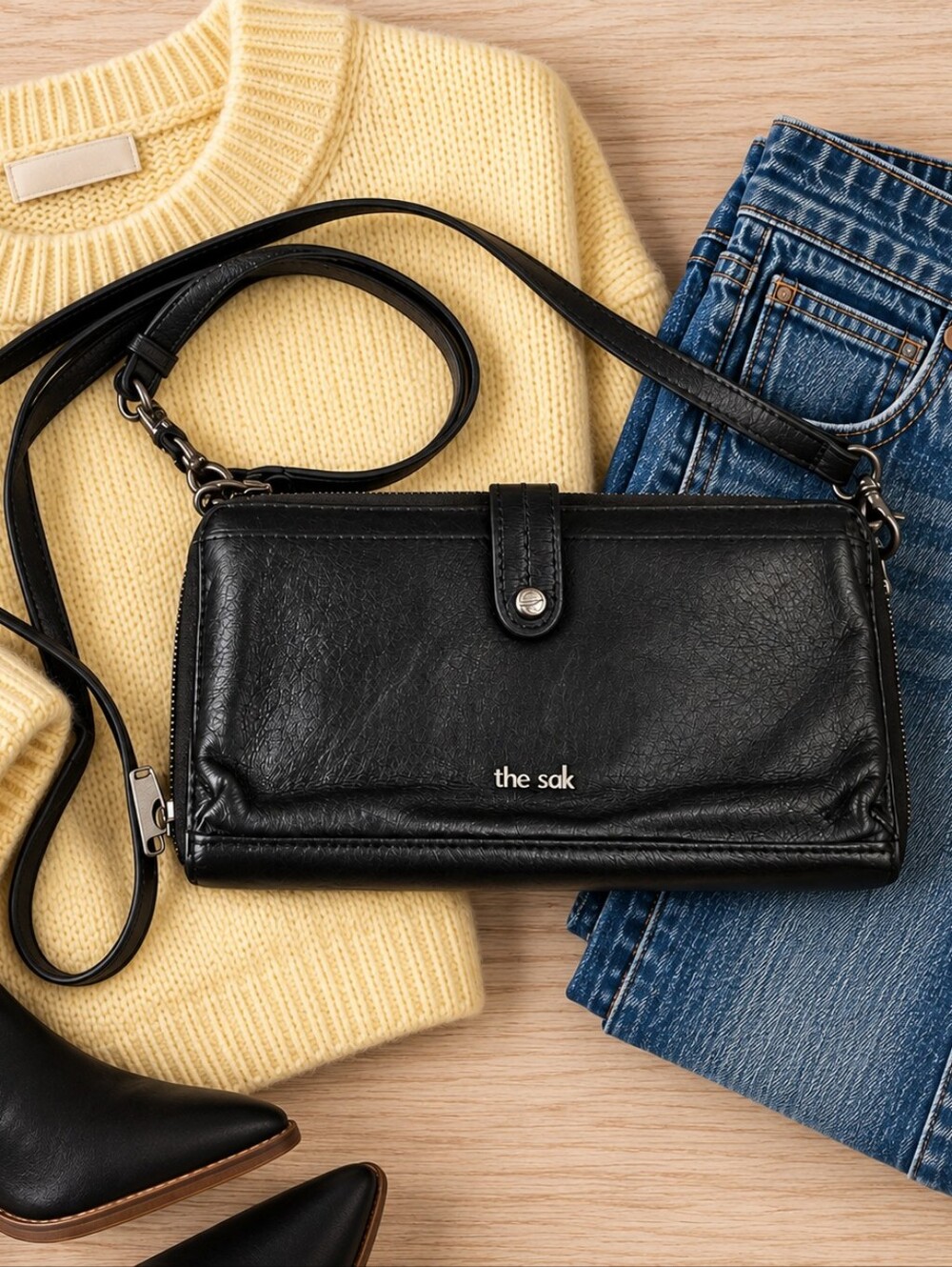 The Sak Black Leather Small Slim Crossbody Wallet Style Multi Pockets 8 X 5